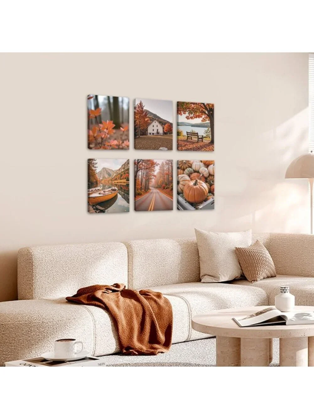 Rustic Autumn Canvas Wall Art Set - 6Pcs Pumpkin Maple Leaf Decor for Home